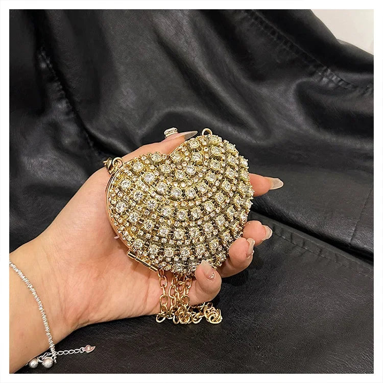 Luxury Mini Diamond Inlay Heart Shape Crystal Clutch Purse Stones Evening Wedding Party Shoulder Bag Handle Rhinestone Handbags