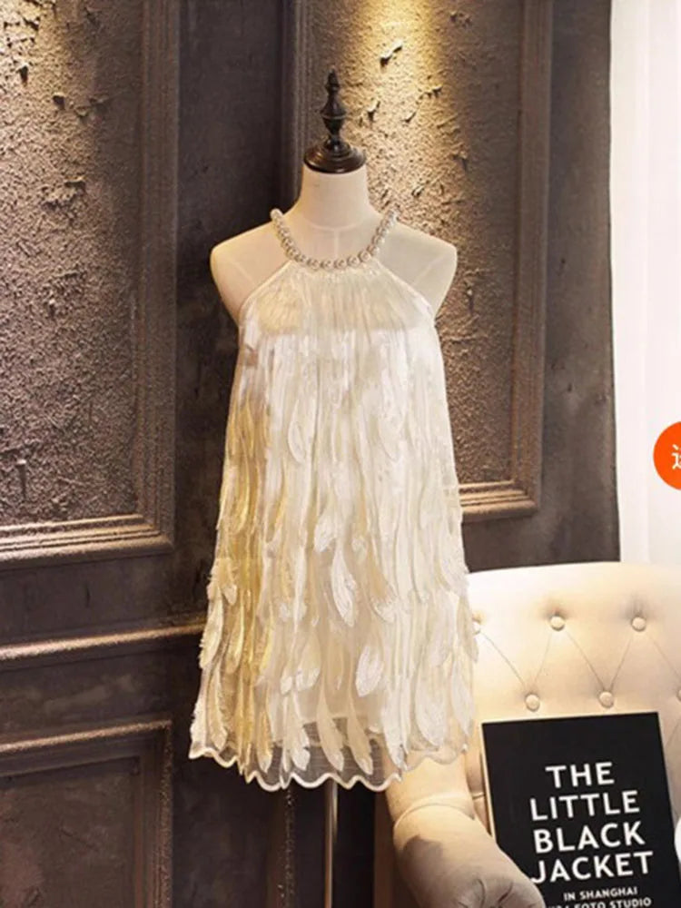 Fashion Sweet Short Elegant Dress 2024 Summer New Heavy Pearl Halter Blue Feather Embroidered Gold Thread Sleeveless Sling Dress
