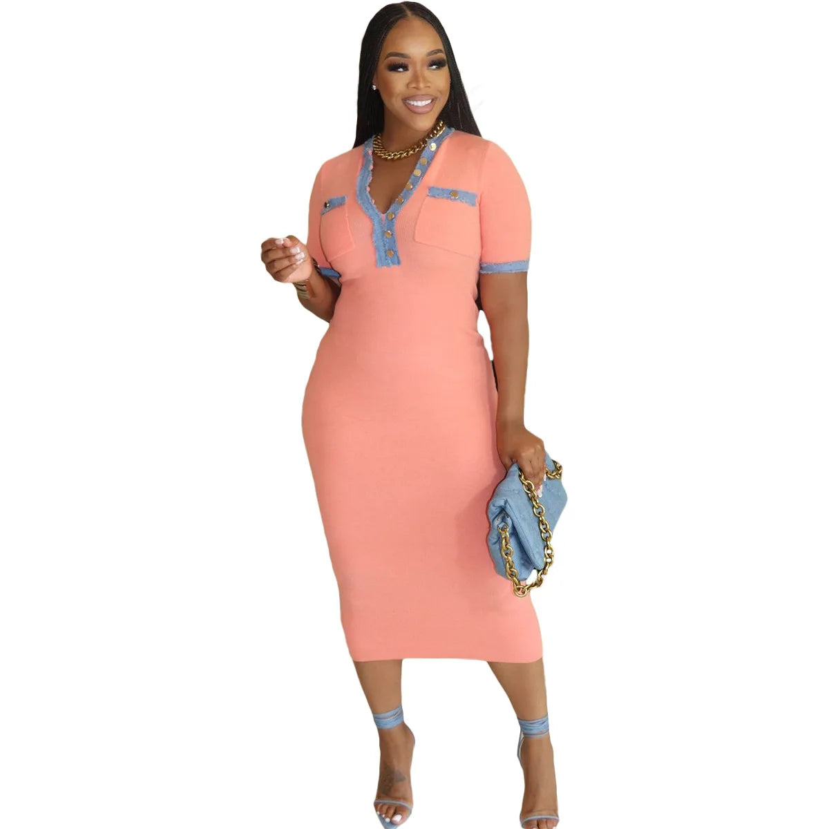 CM.YAYA Women Button Front Denim Splicing V-neck Short Sleeve Midi Dress 2024 Summer Sexy Club Street Party Dresses Vestidos