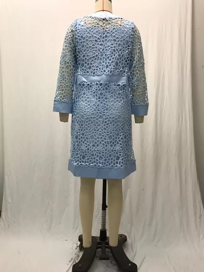 2025 Women's Lace Open Cardigan Dress Two-Piece Outfit Popular Wish Elegant Style Chinese Origin Fashionable Female Clothing