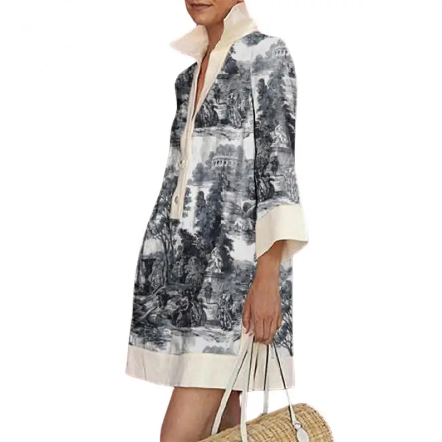 UOOZEE Women's Vintage Printed Lapel Shirts Dress 2024 New Spring Summer Long Sleeve Loose Elegant Evening Banquet Mini Dresses