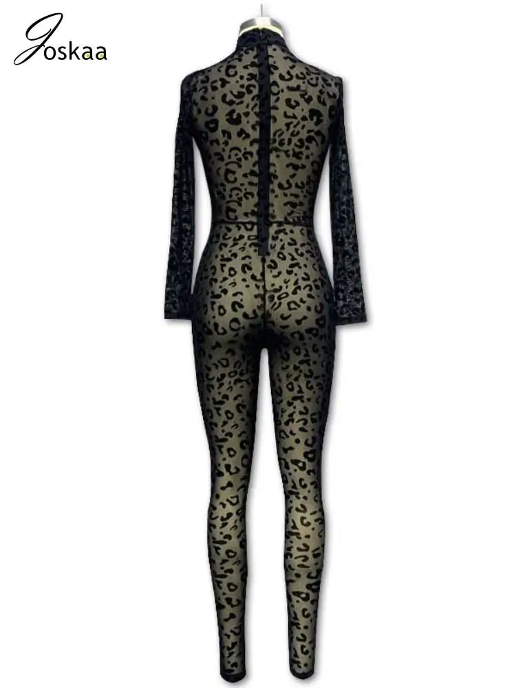 Joskaa Sexy Mesh Flocking Black Jumpsuit Women Stunning See Through Long Sleeve Skinny One Piece Overalls 2024 Night Club Outfit