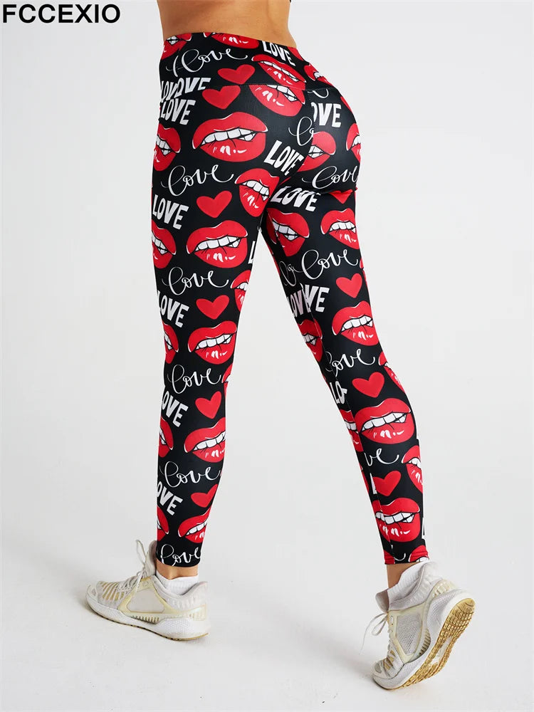 FCCEXIO Hot New Women Leggings Red Lip Love Digital Print Patchwork Fitness Legging Push Up Workout Leggins Pants Sexy Pants