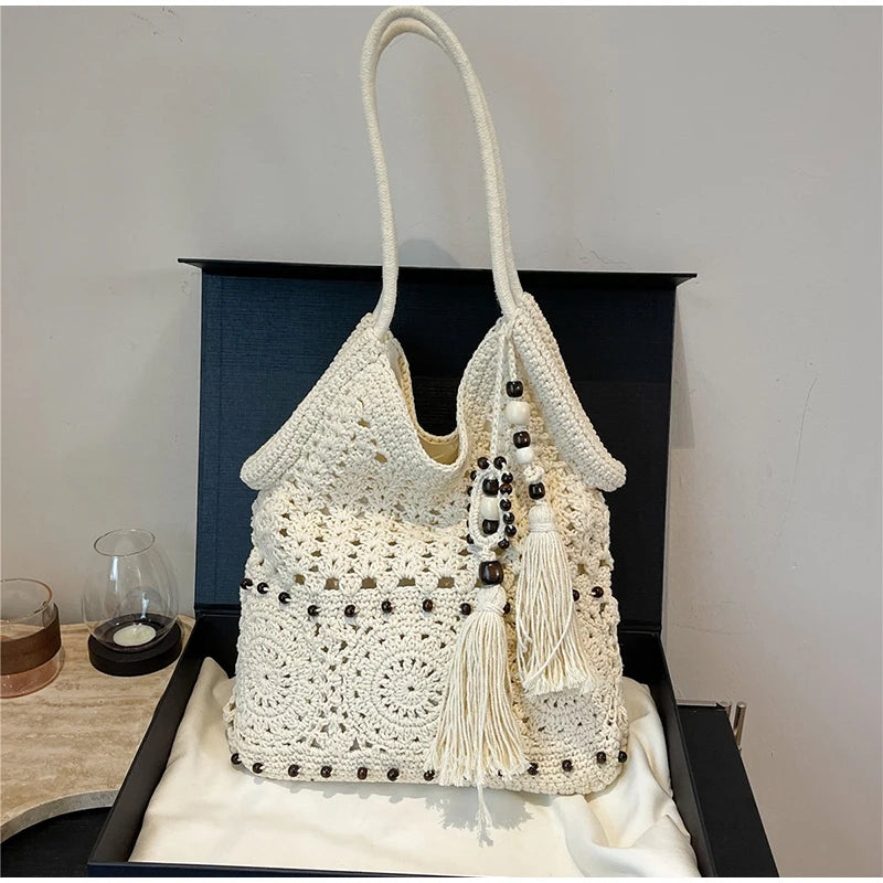 Hollow Crochet Women Bags Bohemian Large Capacity Handbags Korean Popular Bag New Tassel Cotton Shopping Bag Shoulder Bag Women