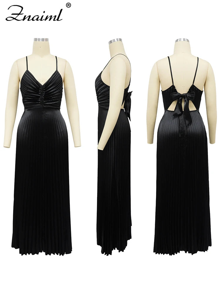 Znaiml Elegant Satin Pleated Vacation Burgundy Maxi Dress Women V-neck Straps Backless Bow Tie Long Vestidos Birthday Clubwear