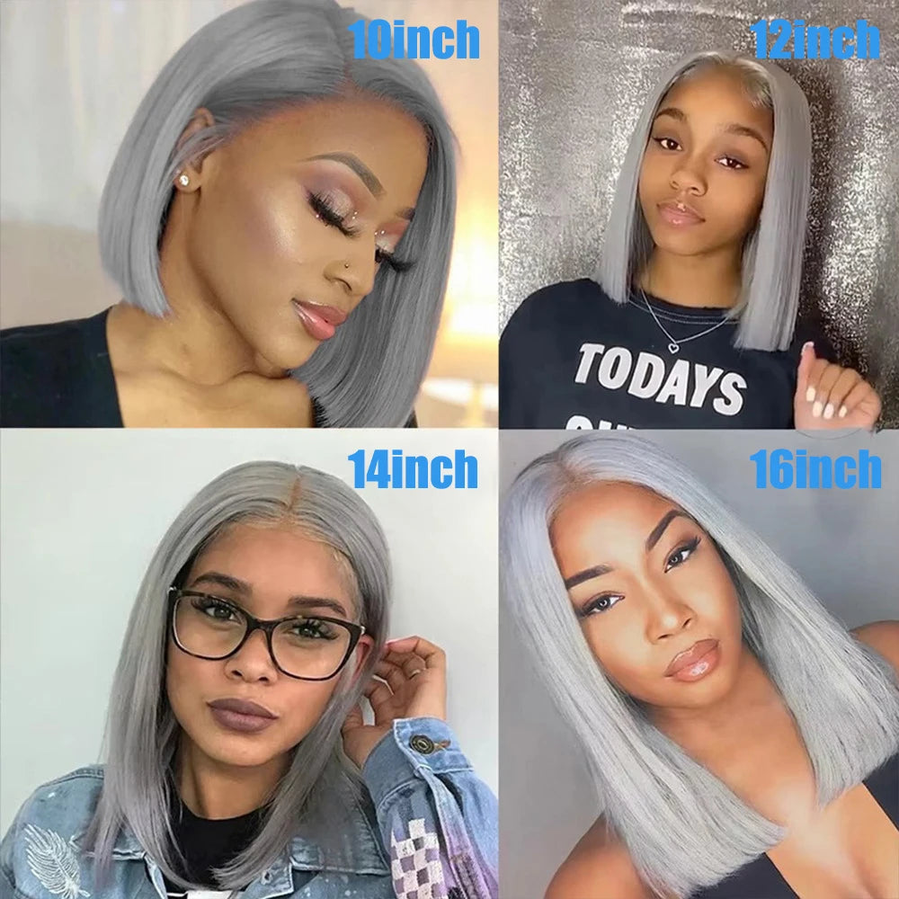 Silver Grey Straight Bob Human Hair Wigs Gray 13x4 Transparent Lace Front Short Bob Short Wigs Human Hair For Women Preplucked
