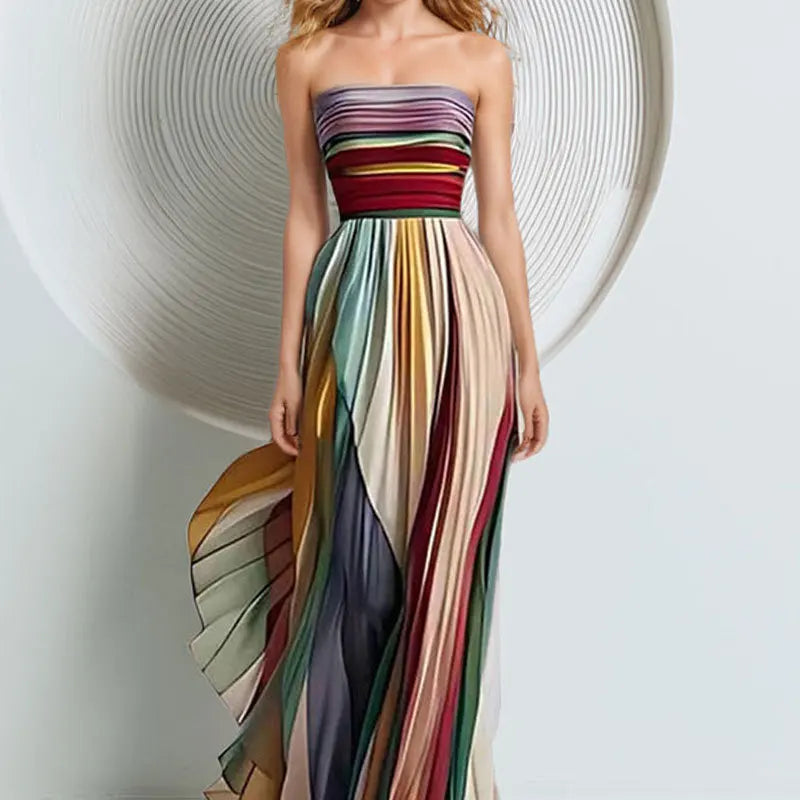 Elegant Sexy Off Shoulder Tube Tops Colorful Stripes Maxi Dress Women Sleeveless Color Collision Wrinkles Irregular Party Dress