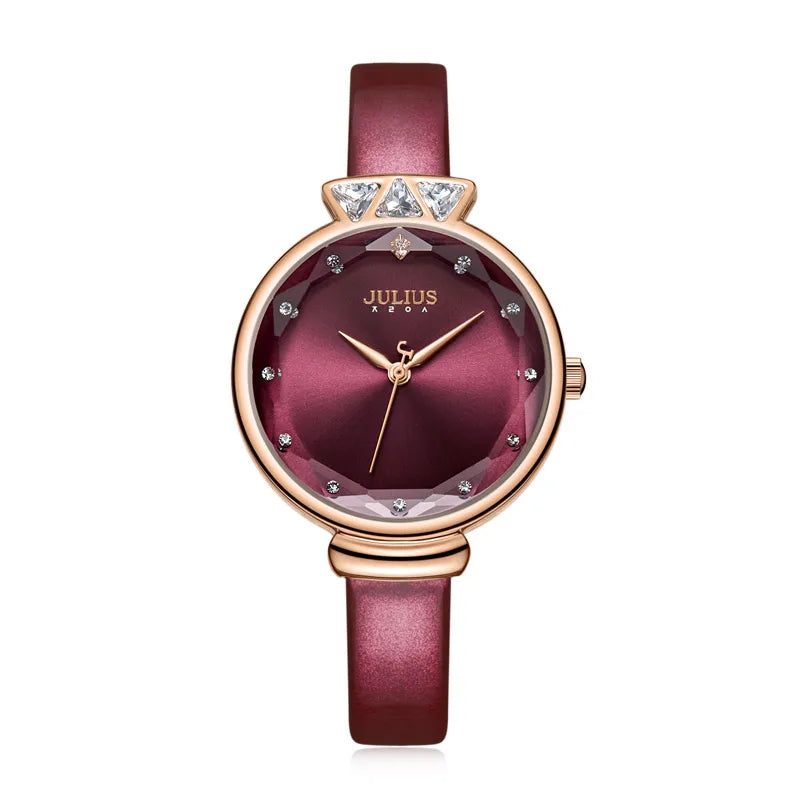 Aquarius CZ Julius Lady Women's Watch Japan Quartz Fashion Rhinestones Hours Bracelet Real Leather Girl's Gift Box