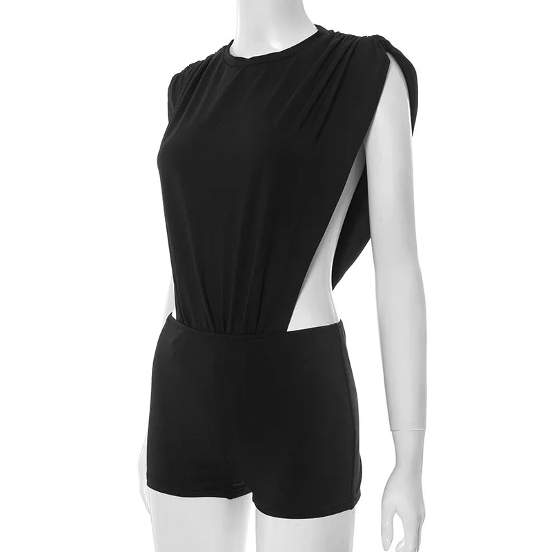 Joskaa 2025 Women's Black Two Piece Set Sexy Crew Neck Sleeveless Side Cutout Bodysuits and Bodycon Shorts Suits Y2K Streetwear