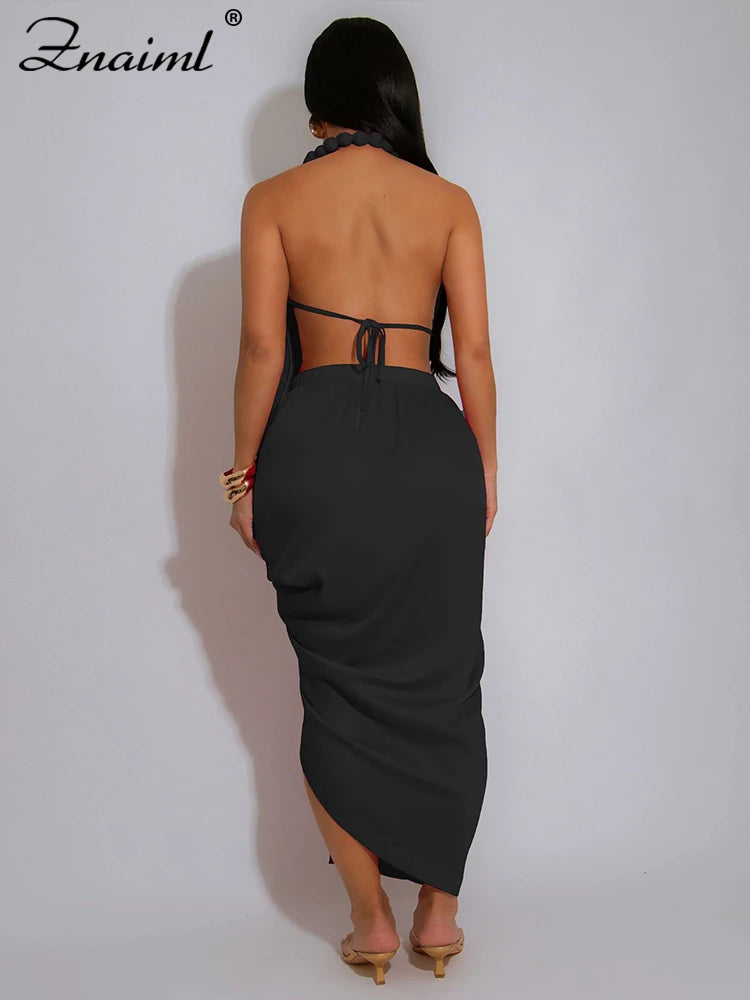 Znaiml Sexy Sleeveless Backless Halter Side Split Deep V-Neck Bodycon Dress Elegant Women Birthday Midnight Party Club Vestidos