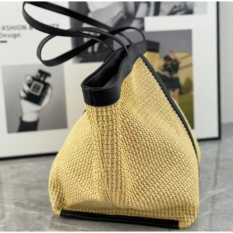 New Brand Woven Women's Tote Bag Large Capacity Splice Versatile Woven Beach Bag Fashion Single Shoulder Straw Bag Underarm Bag