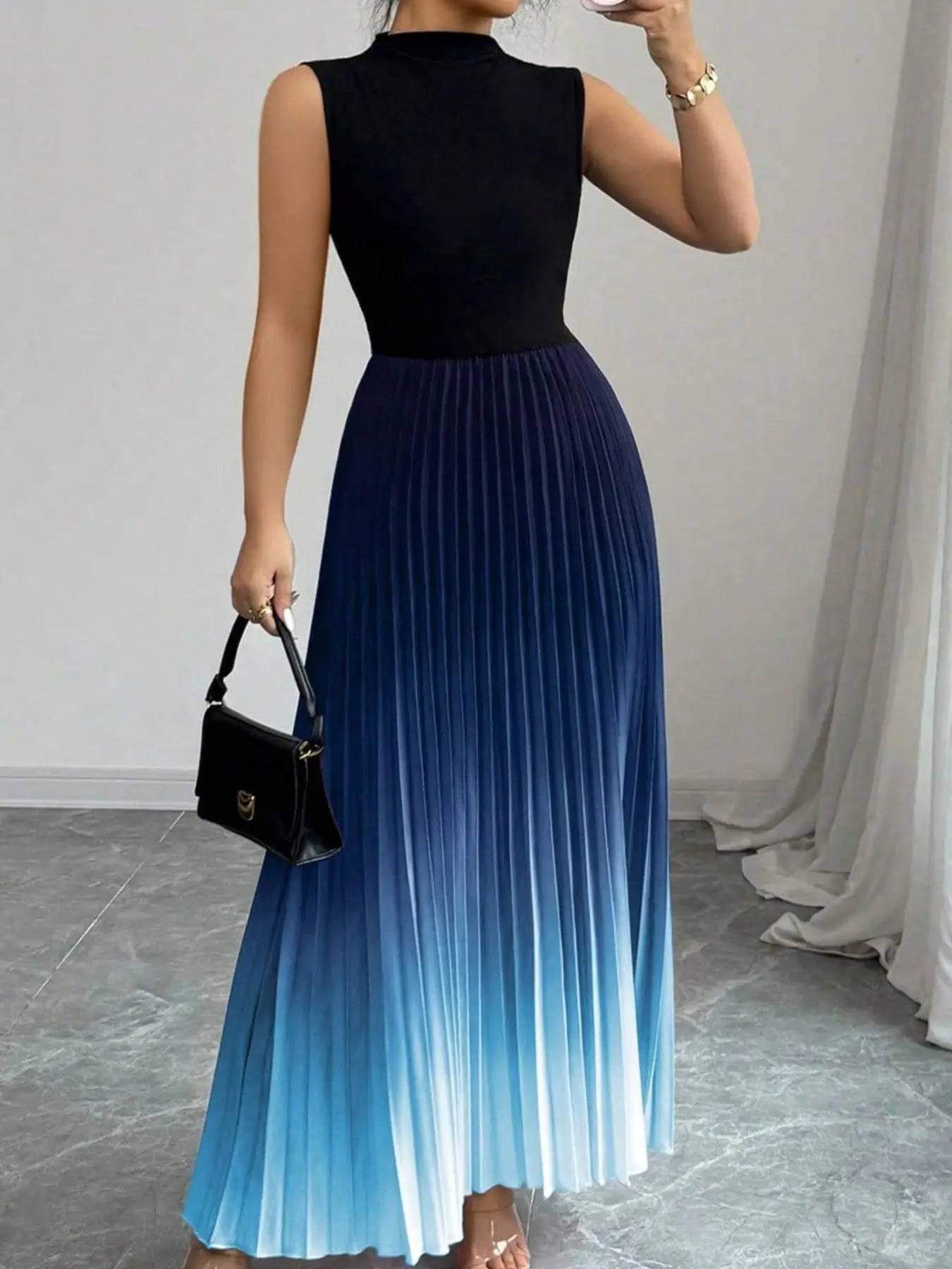 Sleeveless Gradient Print A Line Pleated Midi Dress for Women