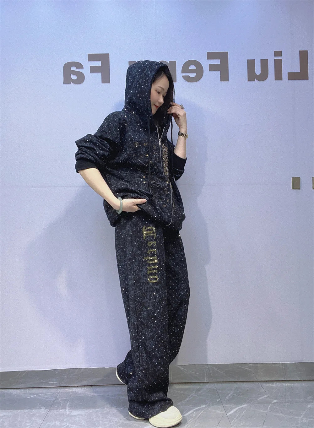 2025 Autumn Tie-dye Zipper Hooded 2 Piece Sets Woman Casual Sequins Oversized Straight Pant Sets Vestidos Sportsuits Bust 130cm