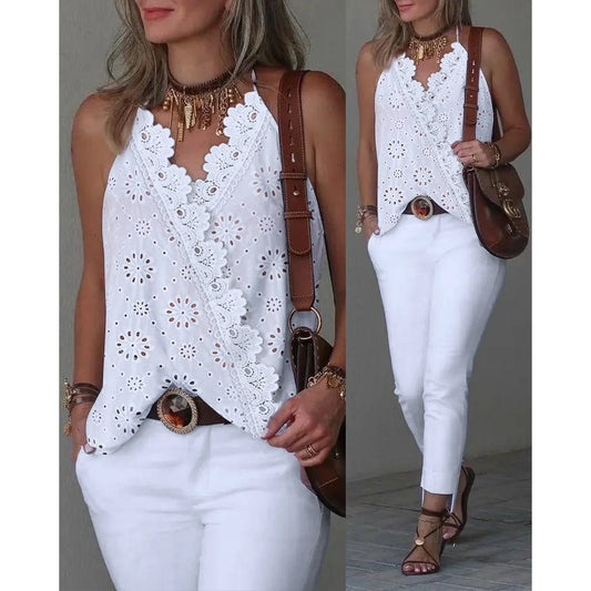 Women's Floral Hollow Out Spaghetti Strap Contrast Lace Casual Tank Top Summer Women Fashion Sexy White Halter Cami Tees Shirts