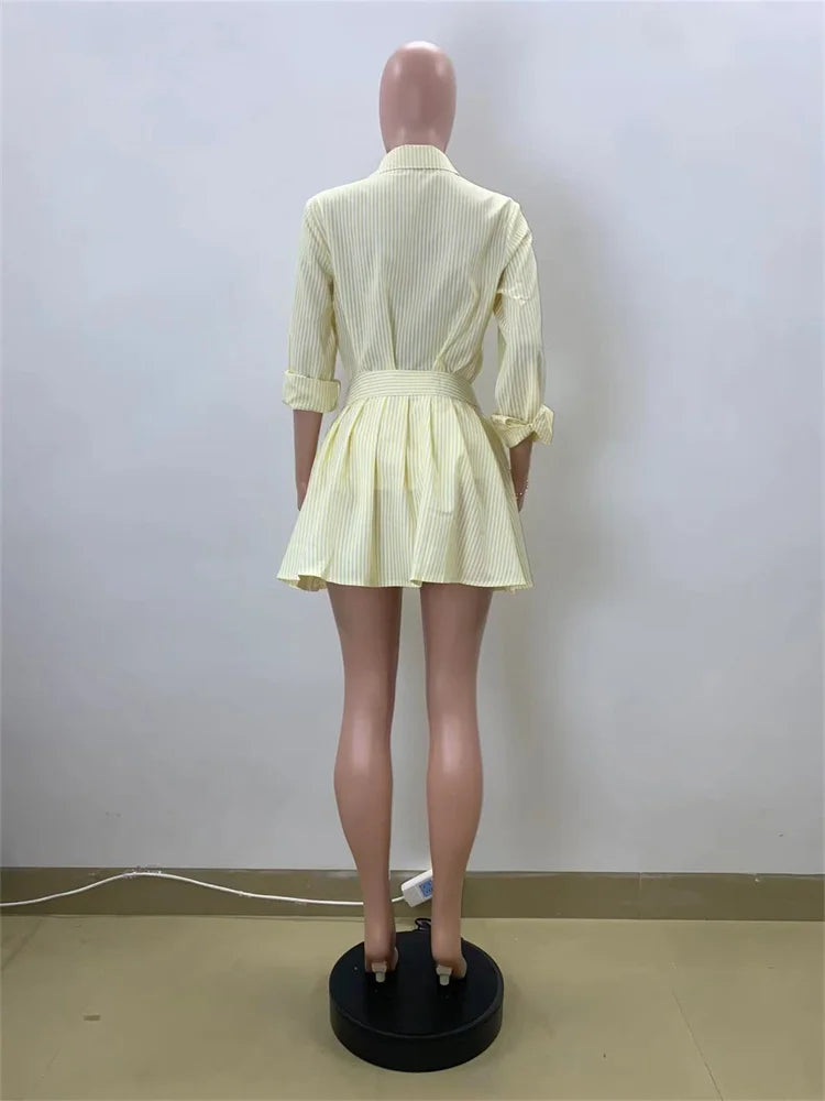 Wmstar Two Piece Set Women 2024 Autumn Fashion Women's Casual Comfortable Striped Shirt Short Skirt Set Wholesale Dropshipping