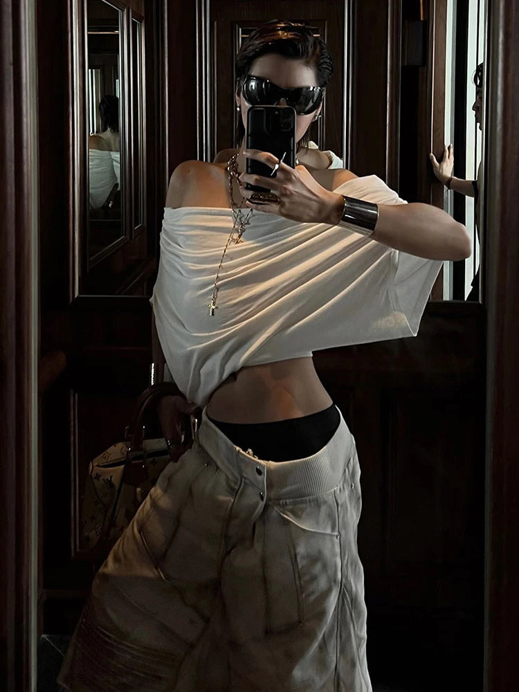 Weird Puss One Shoulder Crop Tops Women Folds Skinny Loose Summer Korean Style Simple Classic Casual Street Daily Harajuku Tops