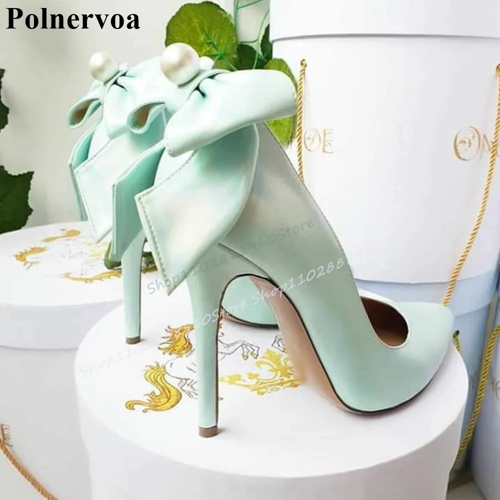 Pink Bowknot Pearl Decoration Shallow Pumps Thin High Heel Shoes For Women Slip On Pointed Toe 2025 Fashion Zapatos Para Mujere