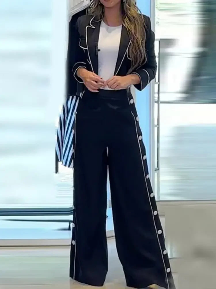 Beautyblue Black Pant Set Women's Blazer&Pants New Fashion High Waist Loose Buttoned Pocket Lapel Two-piece Set Office Commute
