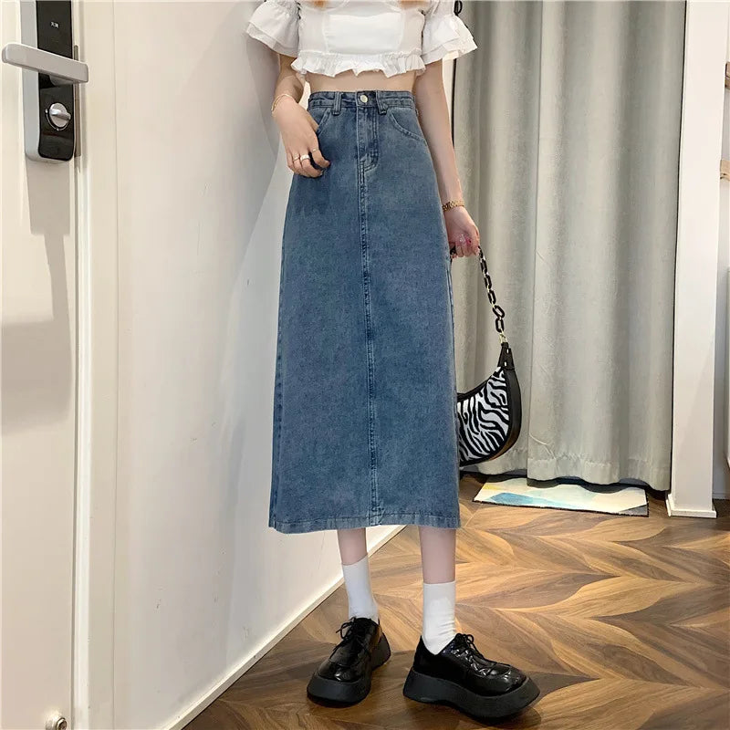 New 2022 Spring-Autumn Medium-Length Denim Skirt For Women High-Waisted Slimming Plus Size Curvy Girls A- Line Hip Covering Skir