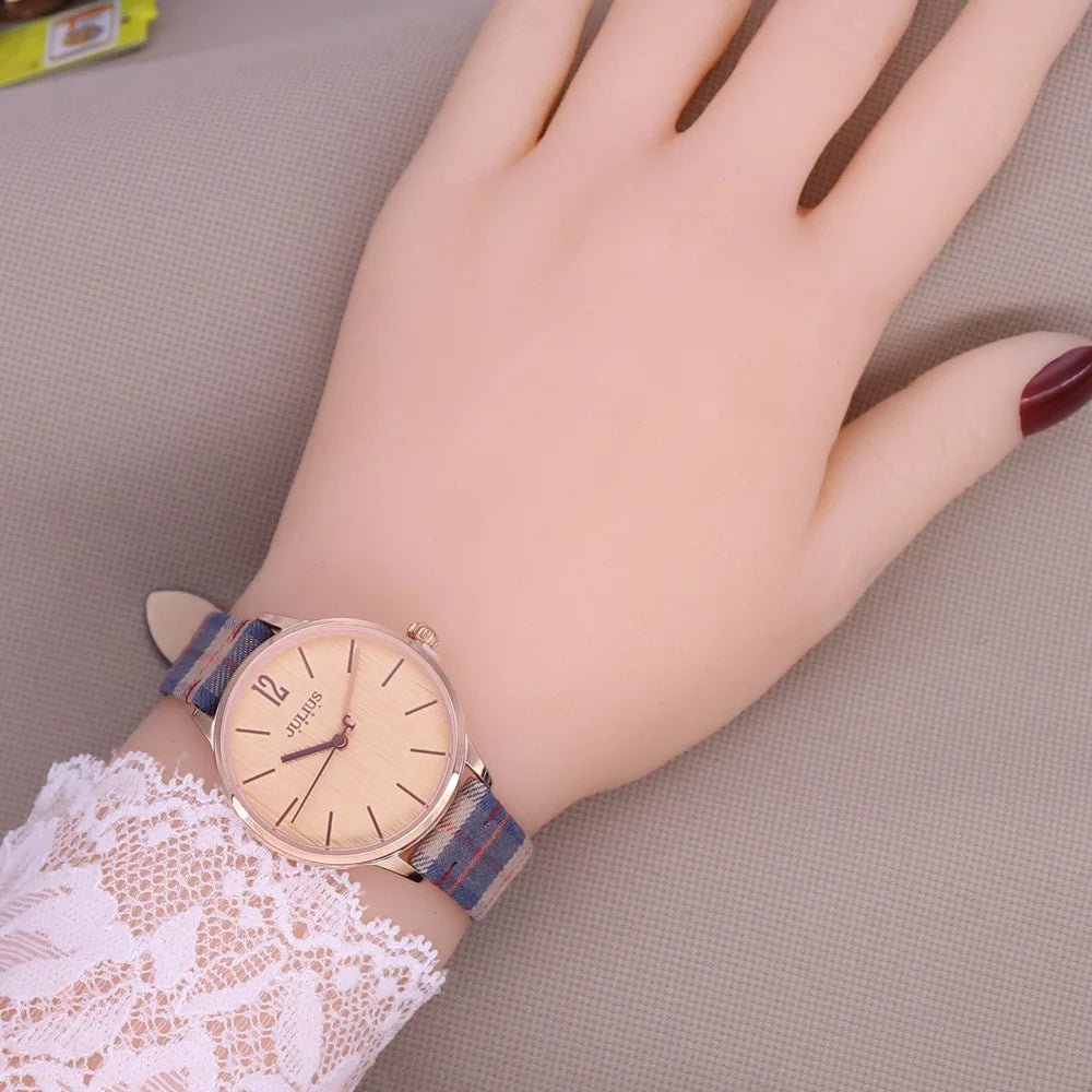 New Julius Women's Watch Fine Fashion British Plaid Style Hours Dress Bracelet Real Leather Clock Girl Birthday Gift Box