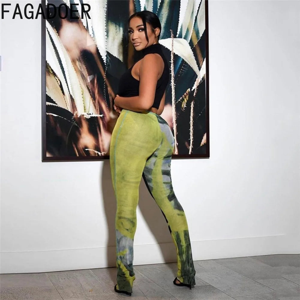 FAGADOER Y2k Sexy Tie Dye Printting Woman 2 Piece Set Outfit Halter Bandage Patchwork Crop Top and Flare Pants Female Streetwear