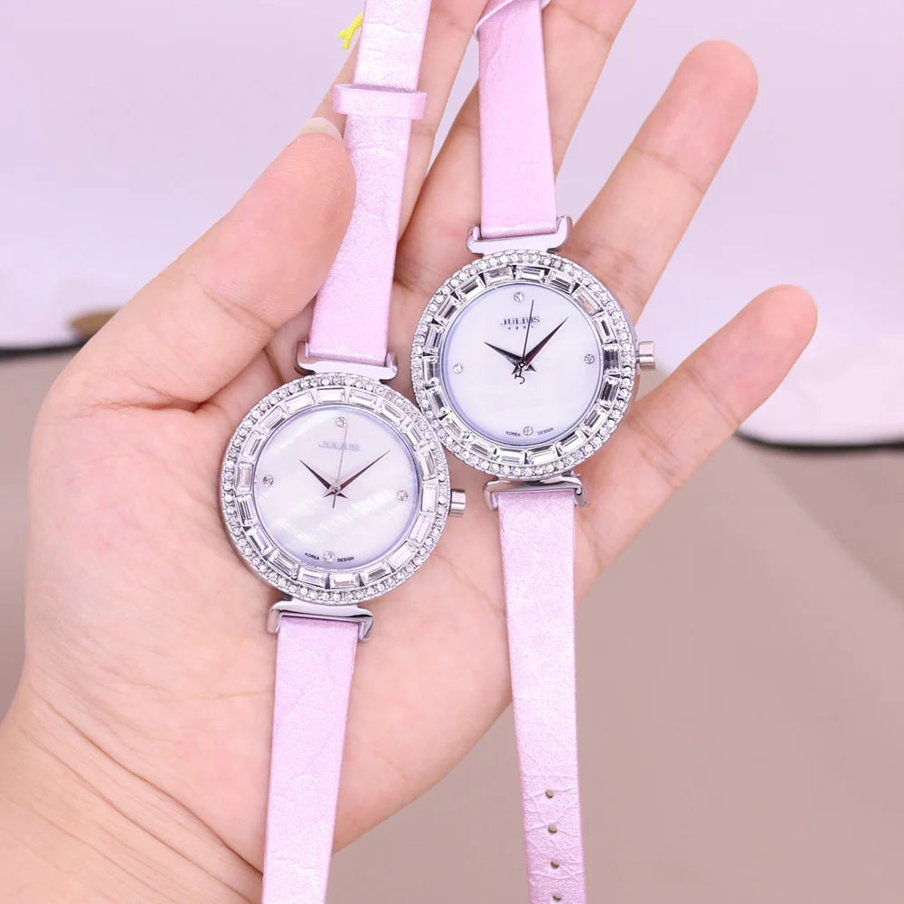 Mother-of-pearl Rhinestones Julius Lady Women's Watch Fashion Hours Bracelet Real Blue Leather Girl's Birthday Gift Box