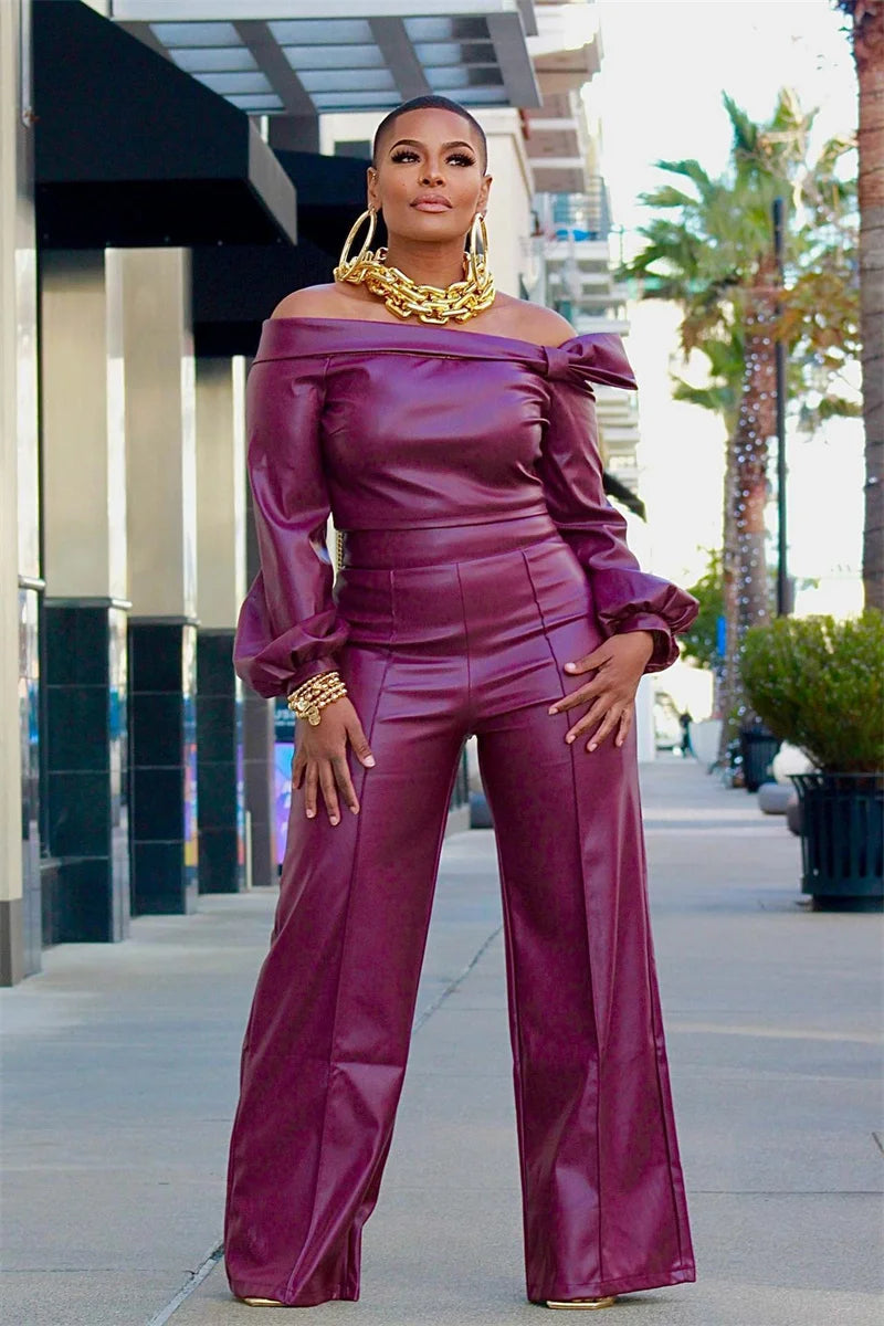 PU Faux Leather Two Piece Set for Women Y2K Clothing Slash Neck Crop Top and Wide Leg Pants Matching Sets Night Club Outfits