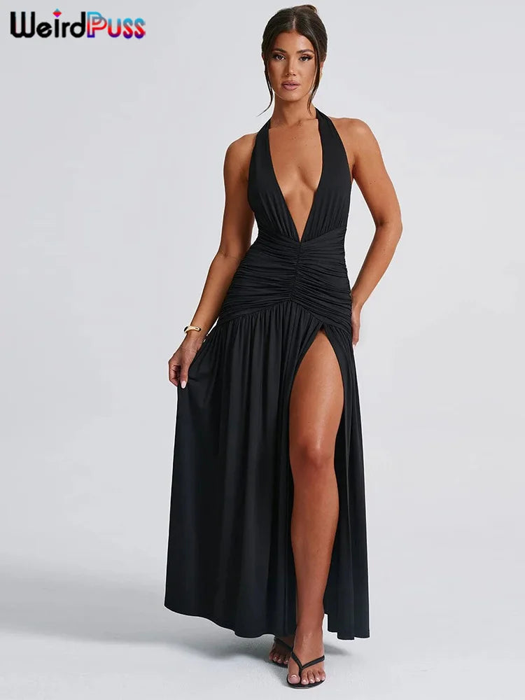Weird Puss Deep V-Neck Halter Dress Woman Summer Ruffles Splits Backless Elegant Patchwork Solid Party Coquette Sexy Vestidos