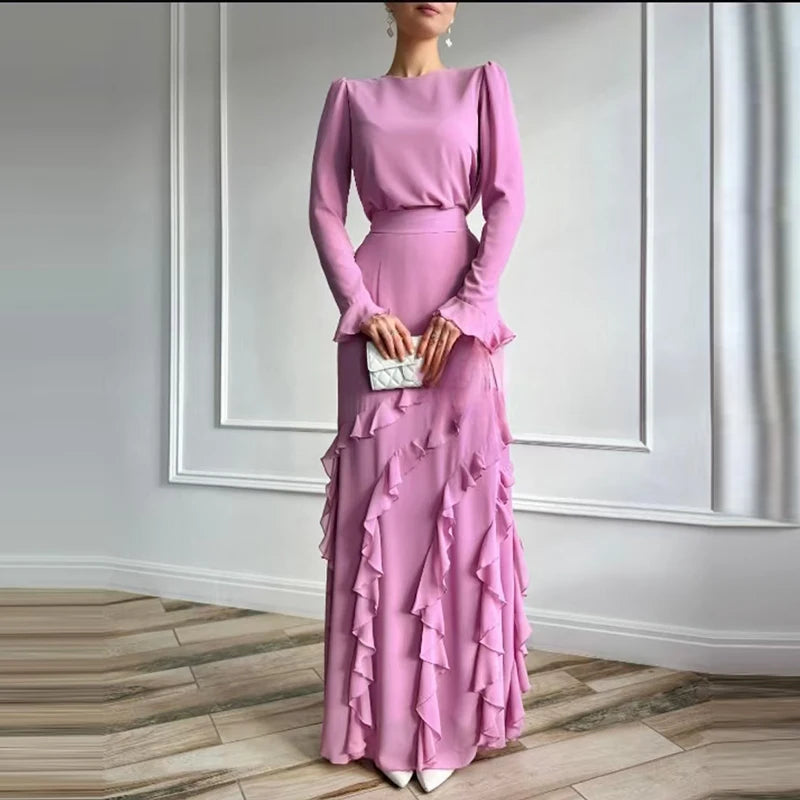2025 Spring Fall Solid 2pc Set Elegant Slim Design Suit Banquets Fashion Women's O Neck Long Sleeved Top + Ruffled Skirt Outfit