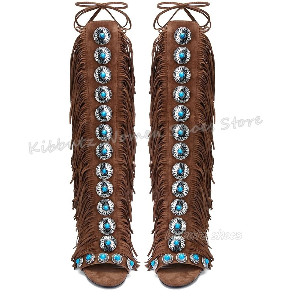 Suede Tassels Sandals Knee High Boots Crystal Glossy Solid Color Cross Strap Fashion Luxury Elegant Concise Women Shoes Newest
