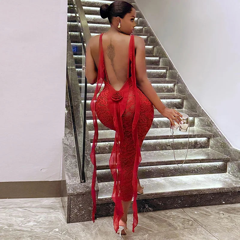 CM.YAYA Women lace Sleeveless Strap Floral Backless Sleeveless Sexy Party Bodycon Midi Maxi Long Dress 2025 Dresses Vestidos