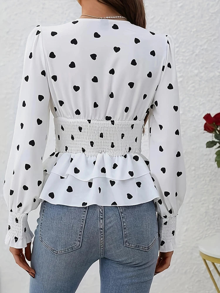 Elegant V-Neck Women's Shirt Spring Summer Fashion Waist-Cinched Long Sleeve Heart Patterned Classy Top