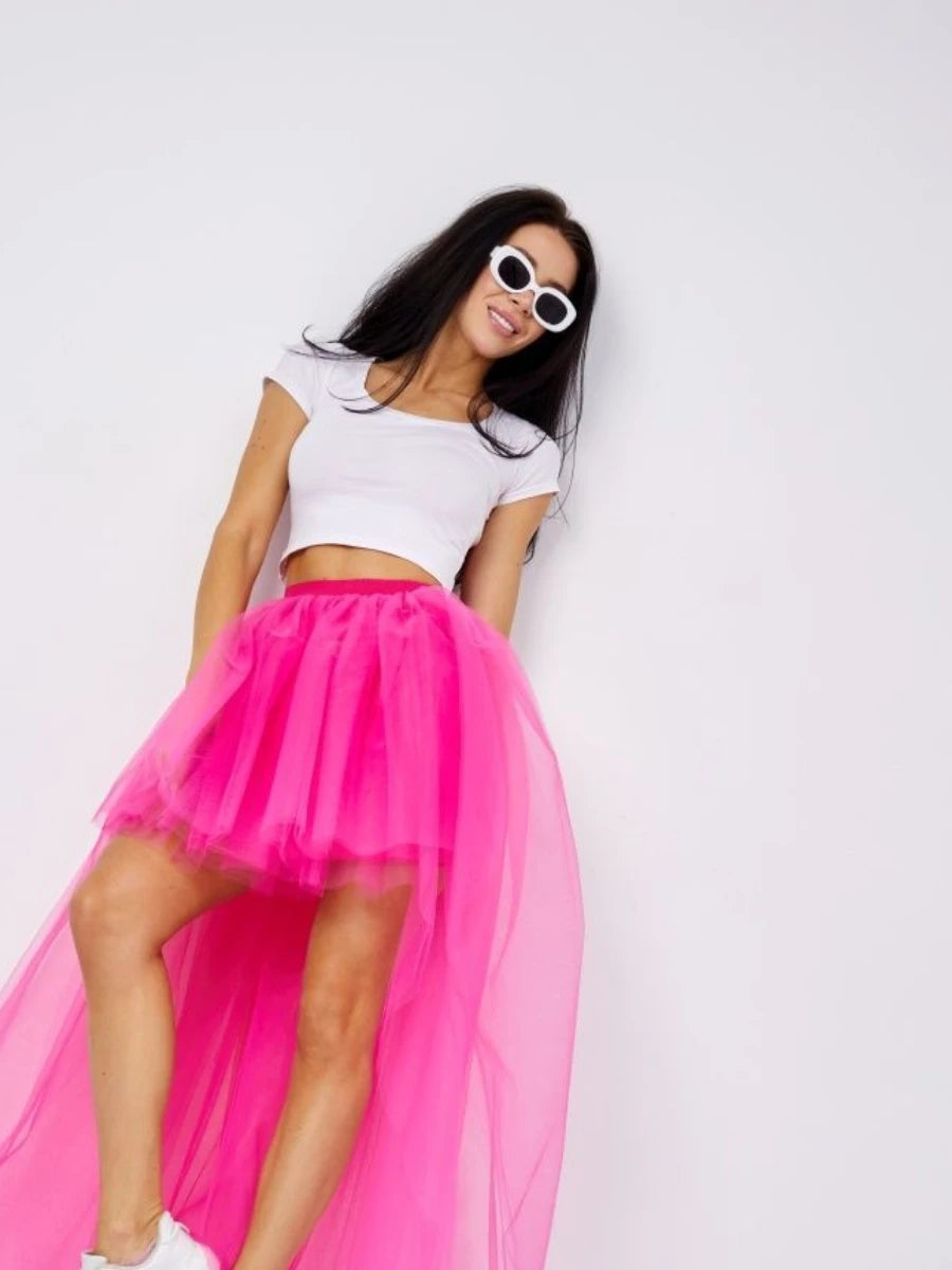 MisShow Hi-Lo Tulle Petticoat Women's Long Four Layer Puffy Skirt Fuchsia Tutu Skirts Adult Junpon Goth For Party Cocktail