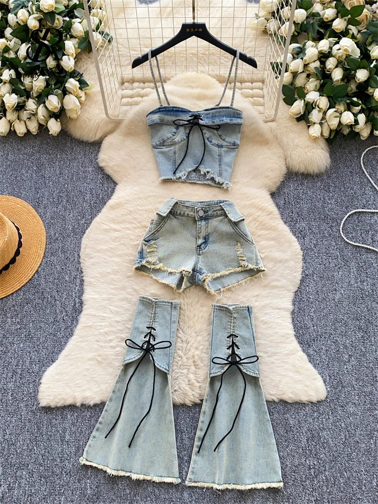 Edgy Summer Denim Three Piece Set With Shorts for Women