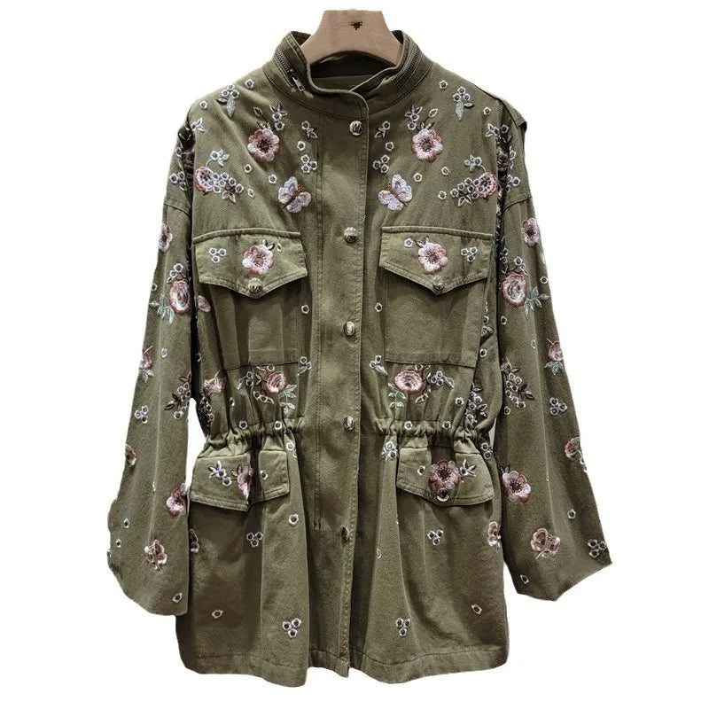 YEAE autumn fashion heavy industry flower embroidered trench coat women's stand-up collar loose drawstring waist trench coat