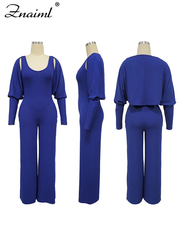Znaiml Blue Knitted Ribber Wide Leg Pants Jumpsuits and Crop Coat Tops Two 2 Piece Women Sets Autumn Streetwear Birthday Outfits