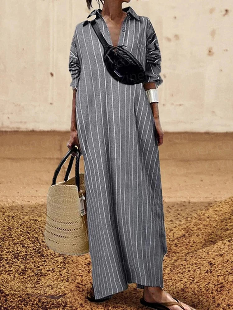 Women's summer New V-neck Fashionable Button Striped Round Neck Long Sleeved Simple Loose Long Sleeved Pullover Dress