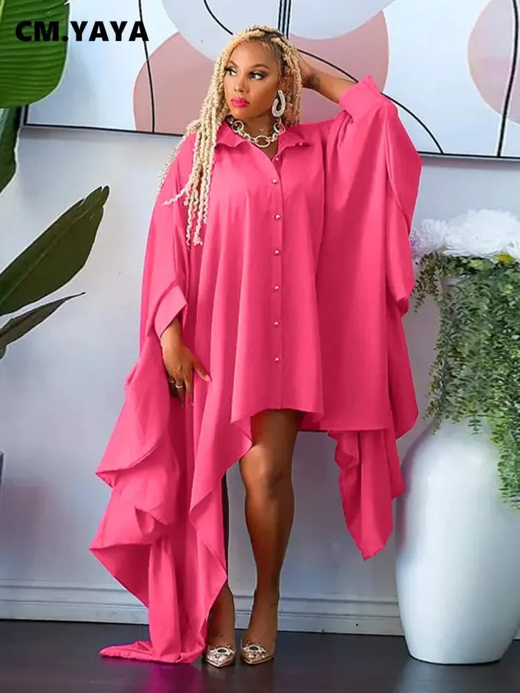 CM.YAYA Women Batwing Long Sleeve Asymmetrical Loose Shirt Style Maxi Long Dress Fashion Vintage Autumn Winter Female Dresses