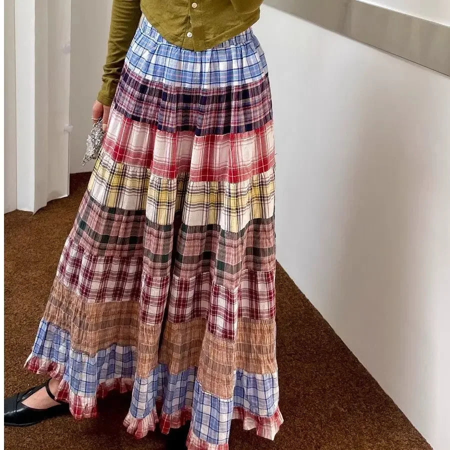 High Waist Plaid Patchwork A- Line Midi Skirt Women's Spring 2025 New Design Retro Unique Long Umbrella Skirt Polyester Fiber