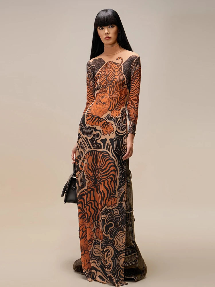 Weird Puss See Through T-Shirts Women Tiger Print Long Sleeve High Neck High Slits High Elastic Skinny Trend Street Hipster Tops