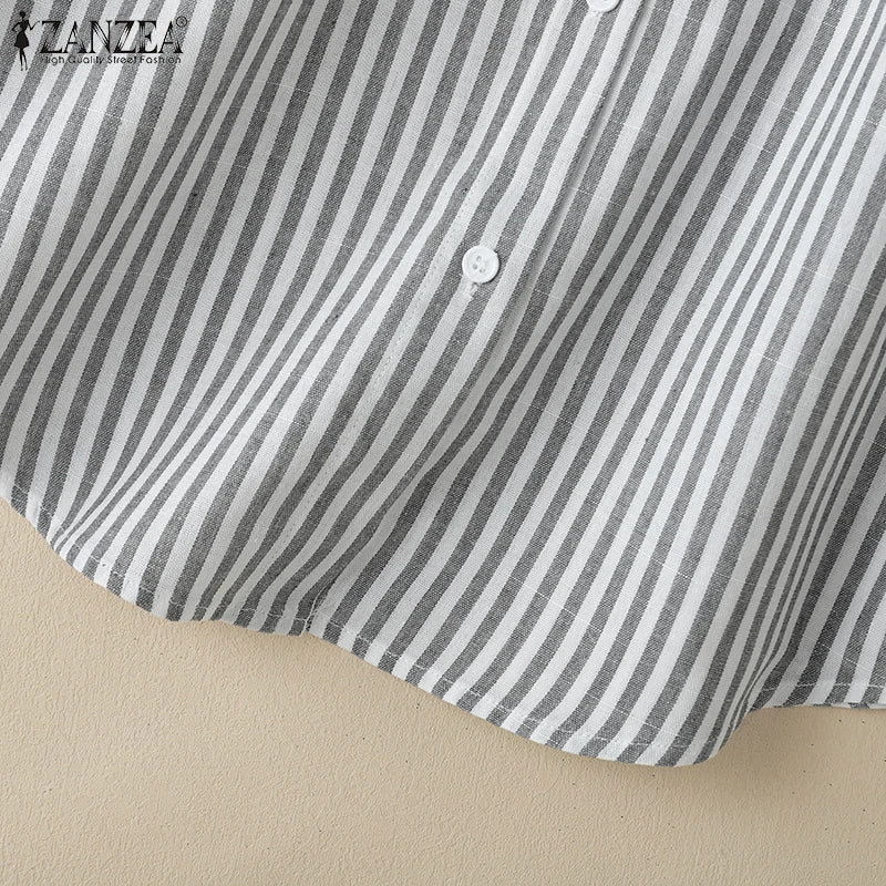 ZANZEA Women Casual Striped Shirts 2025 Summer 3/4 Lantern Sleeves Turn-Down Collar Chemises Femme Commute Office Work Tops