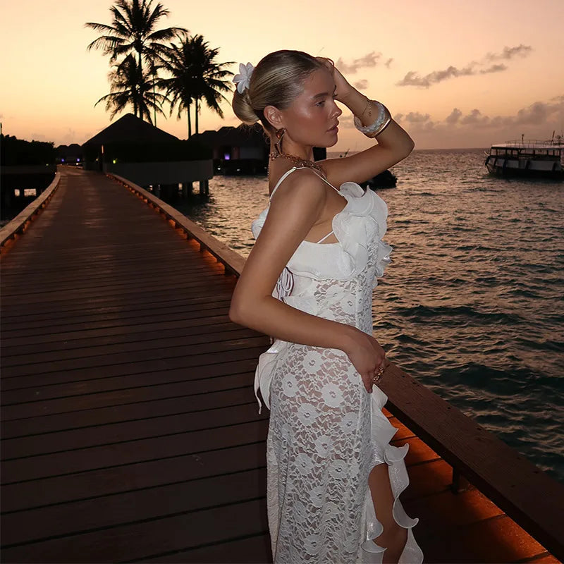 Chic Knit Hollow Out Maxi Dress Ruffles Edge Off Shoulder Party Long Robes Side Hem High Fork Club Vestidos 2025 Women Vestidos