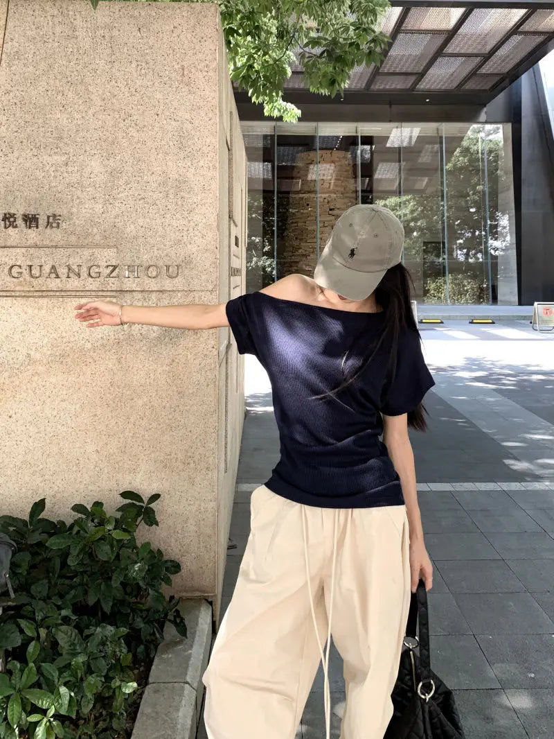 Waffle Off shoulder Short sleeve T shirt Women Elegant Youth Summer Top Korean Chic Holiday Lady Casual Tee 2025