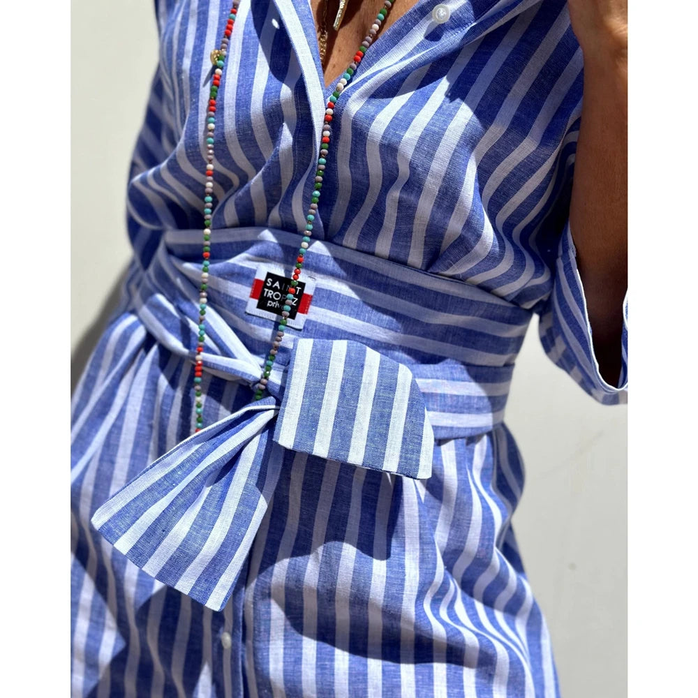 2025 Summer New Women's Stripe Lapel Half Sleeve Shirt Dress Turn-down Collar Button Front Midi Dress With Belt
