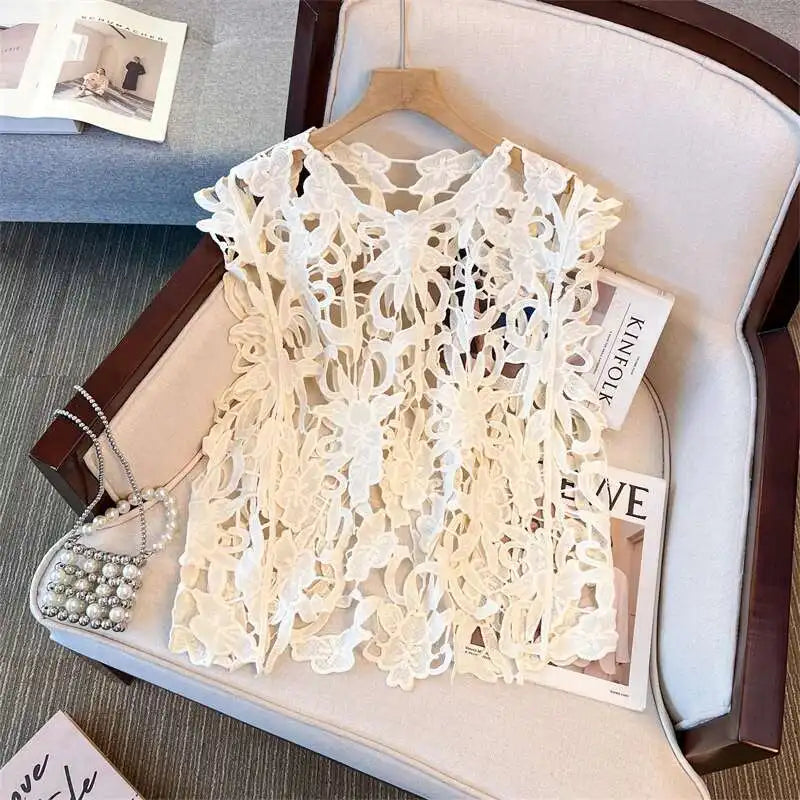 XFPV Solid Color Summer Sunscreen Tops For Women Round Neck Sleeves Hollow Out Design Clothing Female New Fashion 22D1493
