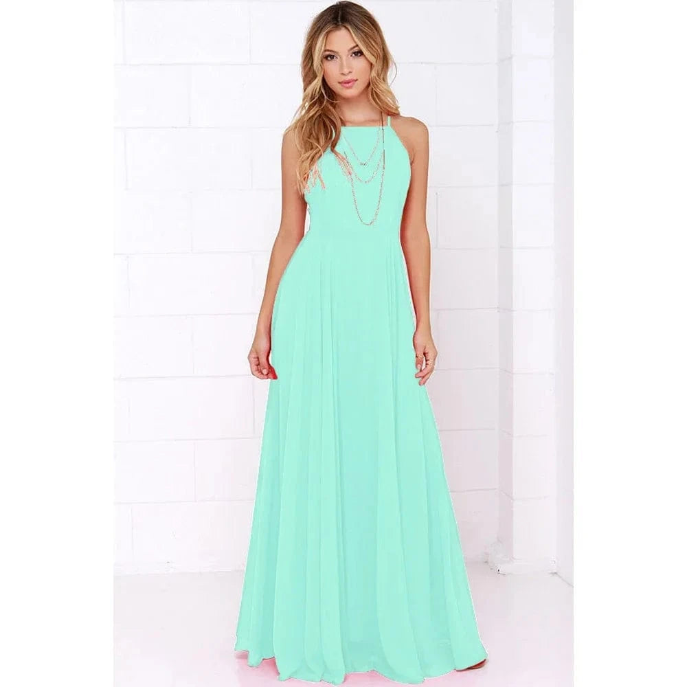 Fashion Women Summer Sleeveless Strap O neck Boho Dress Casual Long Maxi Evening Party Beach Backless Dress Sundress