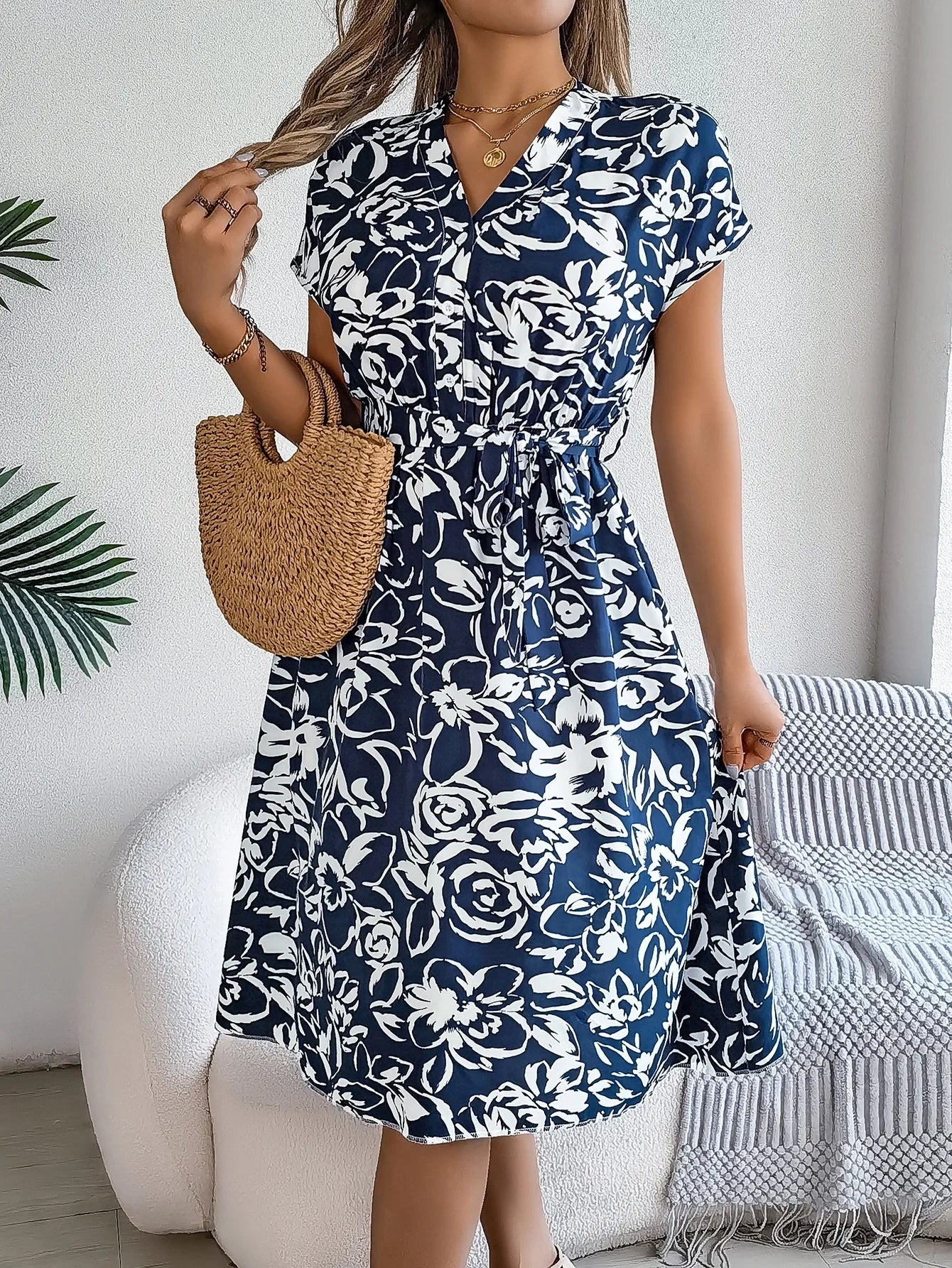 Casual V-neck Button Batwing Sleeve Floral Maxi Dress Spring Summer 2024 Women's Clothing Cross-Border Fashion Dress