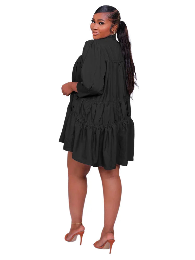 Wmstar Elegant Women Summer Solid Color Short Dress Fashion Long Sleeve High Neck High Waist Clothes Party Casual Mini Dresses