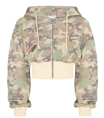 American hot girl casual pink camouflage versatile short slim zipper hooded sweatshirt loose straight sweatpants two-piece set