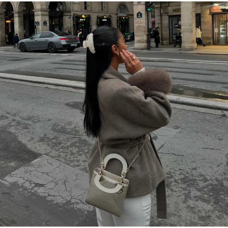 Plush Cuffs Belt Women 's Coats Elegant Lapel Faux Fur Sleeve Twist Open Coat Female 2025 Autumn Winter Fashion Lady Streetwears